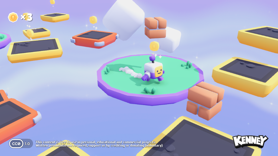 Kenney’s actual 3D Platformer screenshot: a little robot, floating platforms and collectible coins.