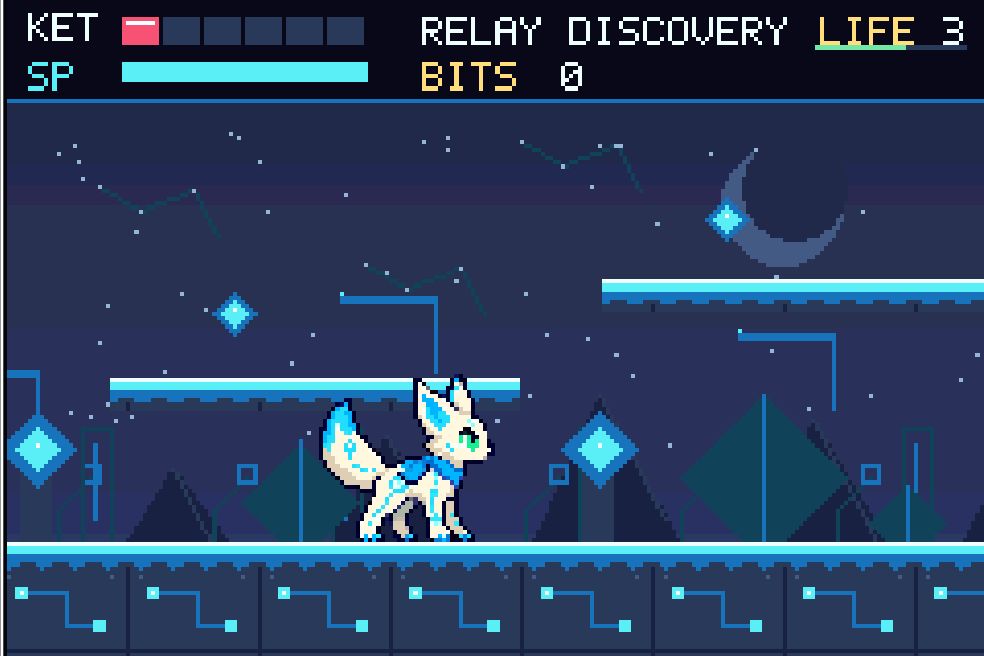 Actual Datakin Relay gameplay: the white hero explores a blue circuit-world platform route.